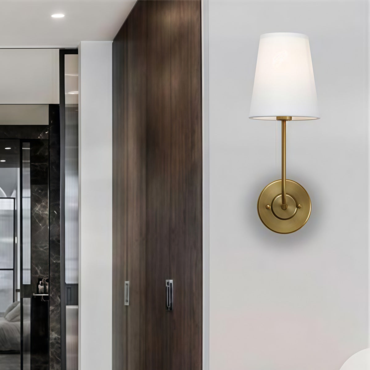 Rustic Cone Shape Fabric Wall Sconce – Antique Brass Metal Accent Light